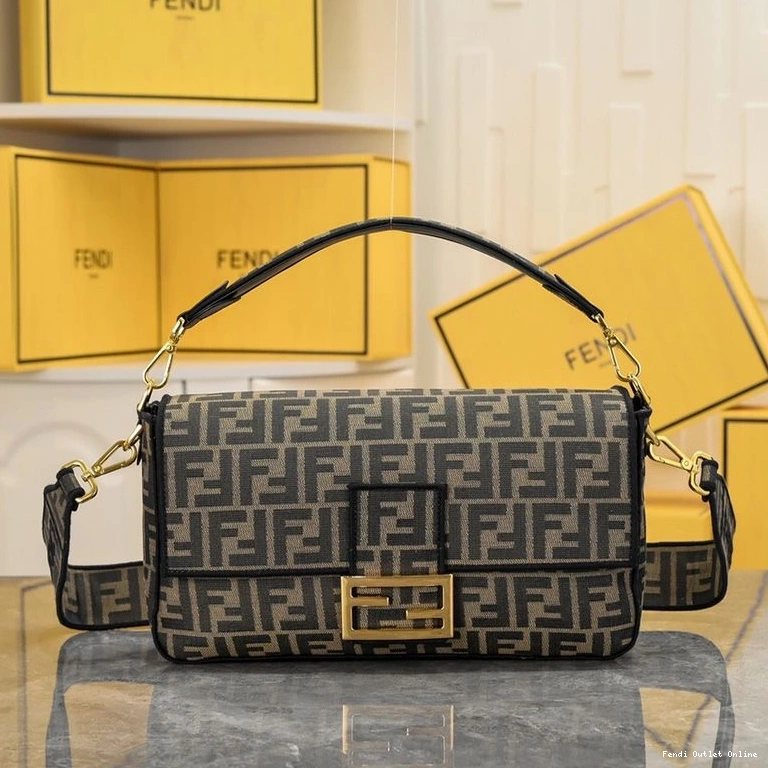 Cheap Baguette Brown Fendi Motif Large Bag FF In Fabric 0805
